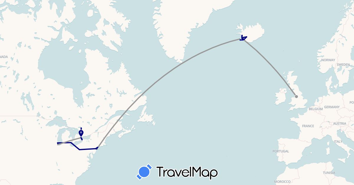 TravelMap itinerary: driving, plane in Canada, United Kingdom, Iceland, United States (Europe, North America)