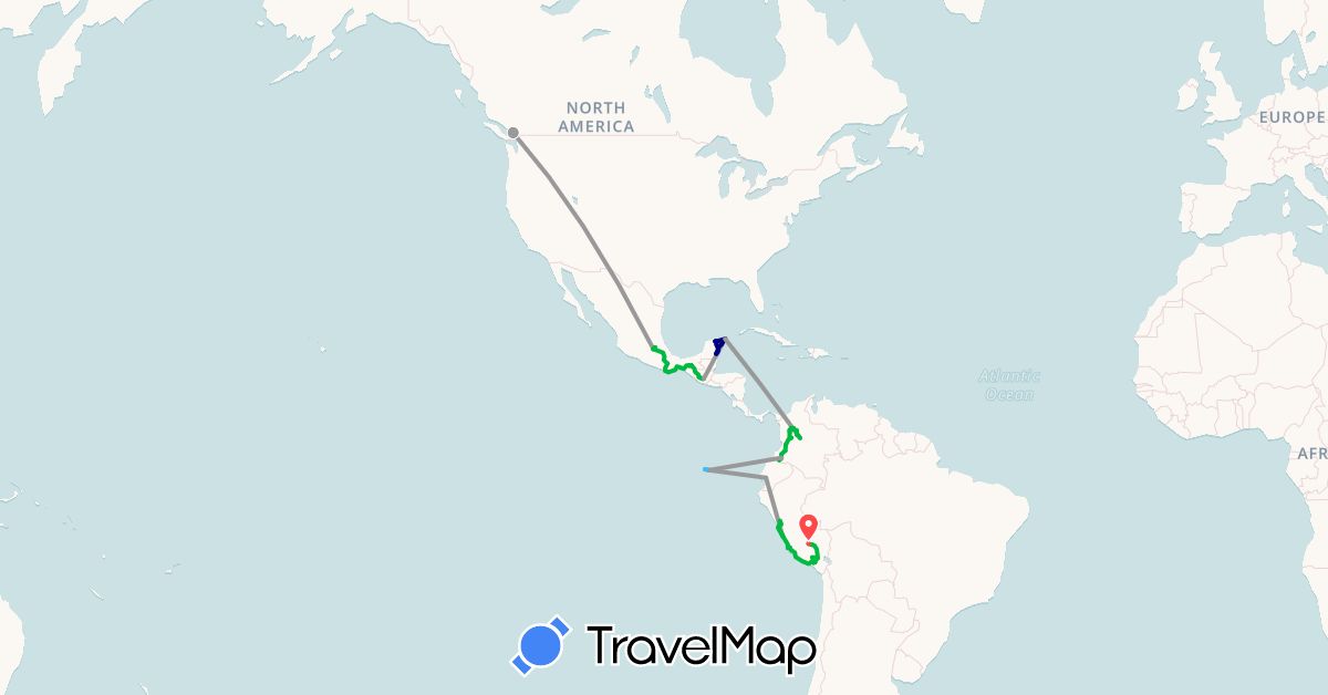 TravelMap itinerary: driving, bus, plane, hiking, boat in Canada, Colombia, Ecuador, Guatemala, Mexico, Peru (North America, South America)